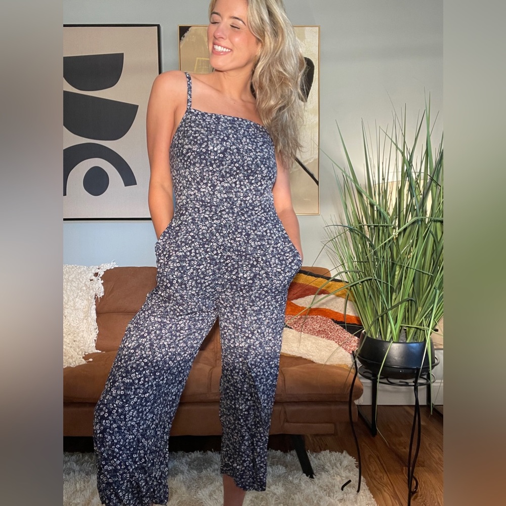 Blue PANTS romper with flowers, spaghetti strap, flowy pants